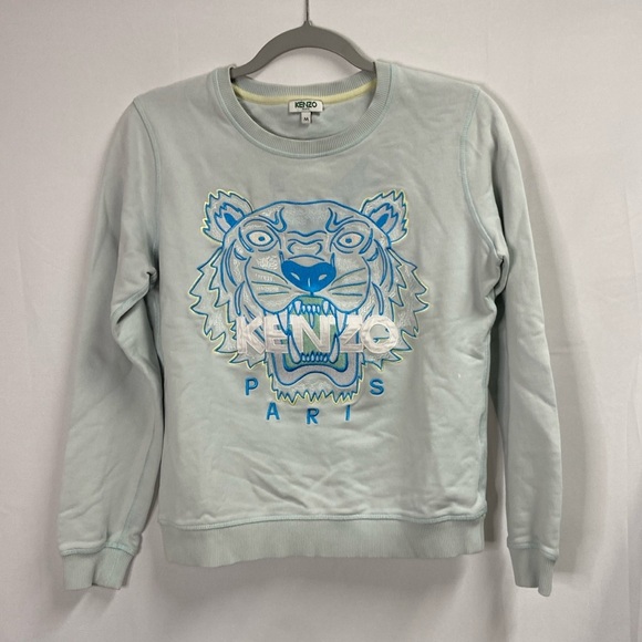 Kenzo Paris Tiger Embroidered Cotton Sweatshirt Light Blue Size Medium - Picture 1 of 9